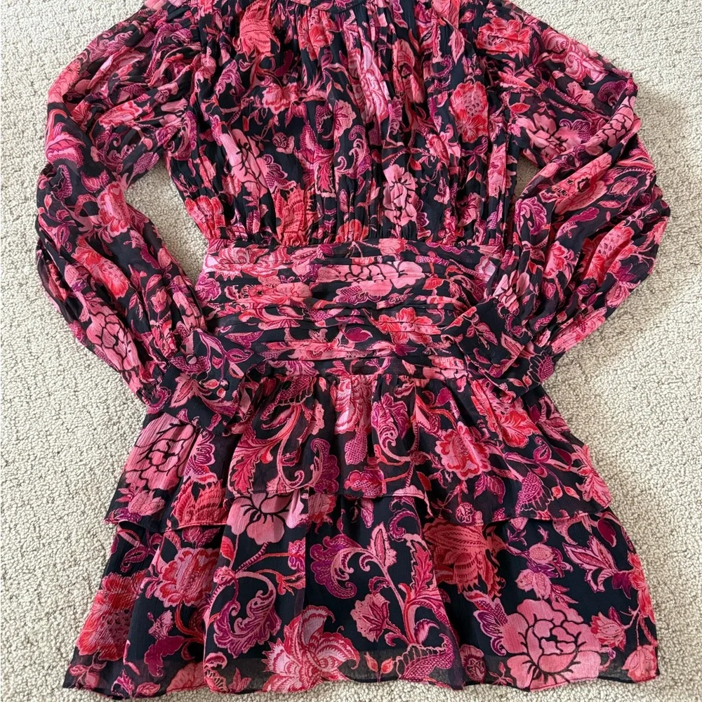 Revolve X HEMANT & NANDITA Crimson Rouched Mini Floral Dress B30 - Picture 7 of 15